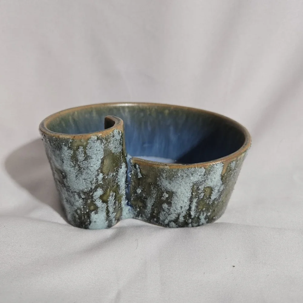 Vintage Yamasan Japan Ikebana Vase Bowl 202D MCM Blue Green Lava Glaze